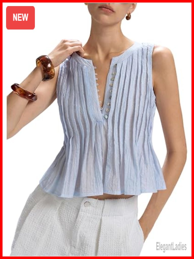 Women's Pleated Peplum Tank Ruffle Crew Neck Button Sleeveless Top
